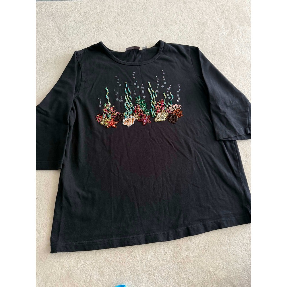 Quacker Factory Womens L Black Top Beaded Sequin Sea Shell Starfish 3/4 Sleeve